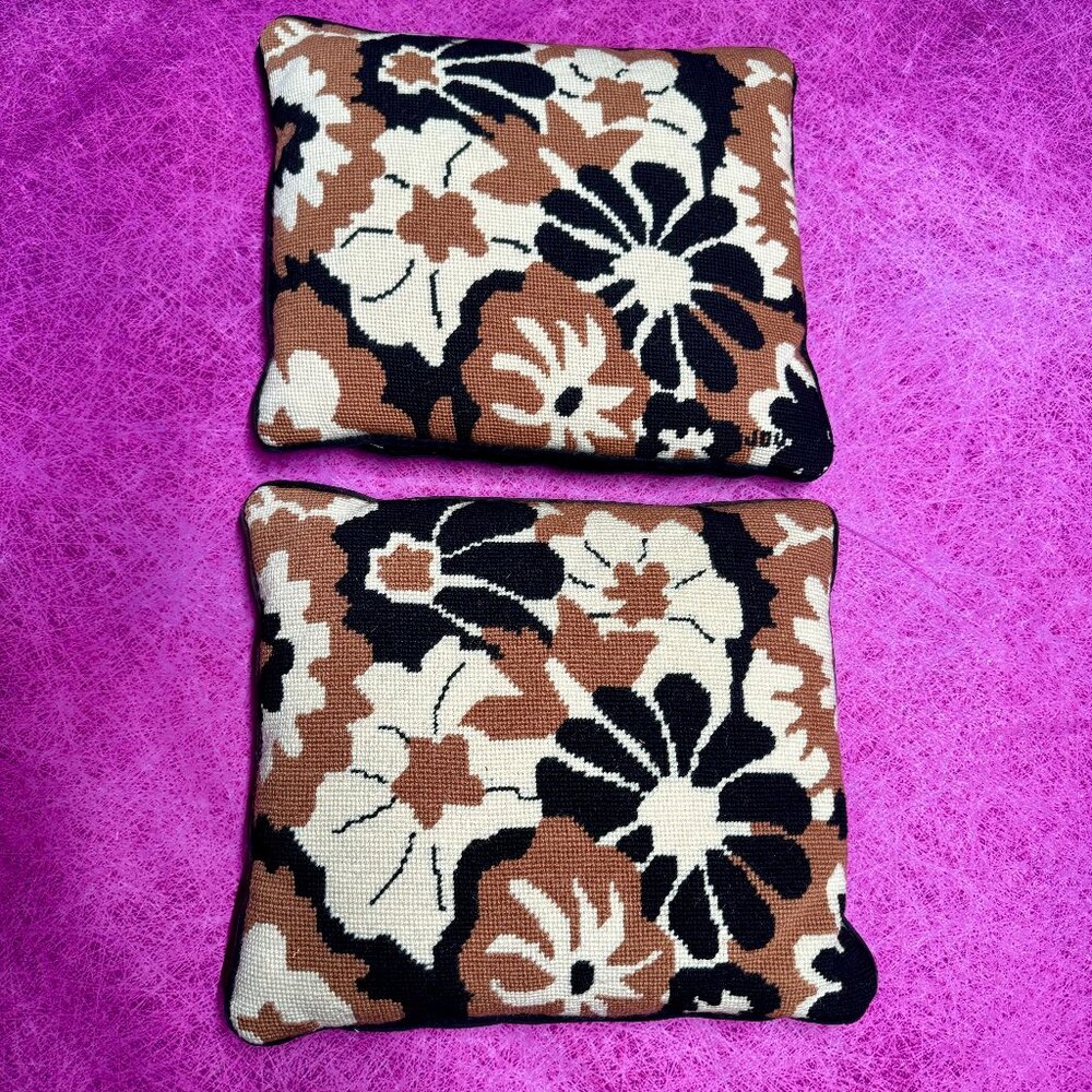 Vintage 1970s TWO Needlepoint 16" x 14"  Pillows MCM Mod Flowers Brown Black
